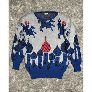 Vintage Sweater Women’s S Wool Blend Multicolor Cathedrals Horses